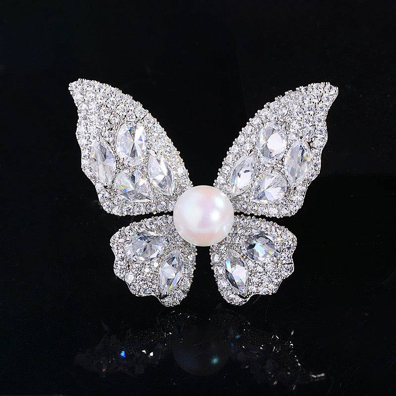 Butterfly Brooch with Pearl and Cubic Zirconia