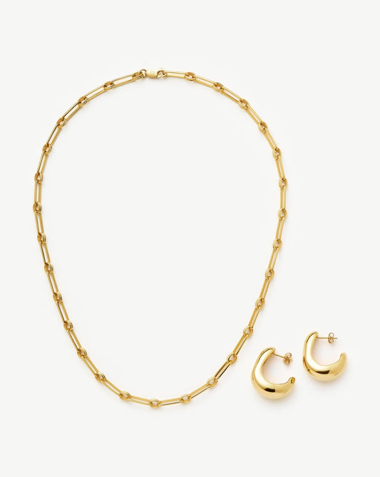 Gold Plated Dome Hoop Earrings and Chain Necklace Set