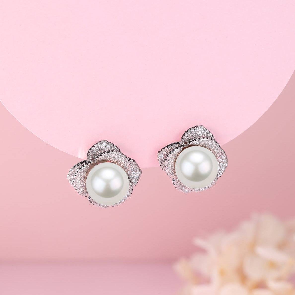 Freshwater Pearl and CZ Floral Earrings 10-11mm