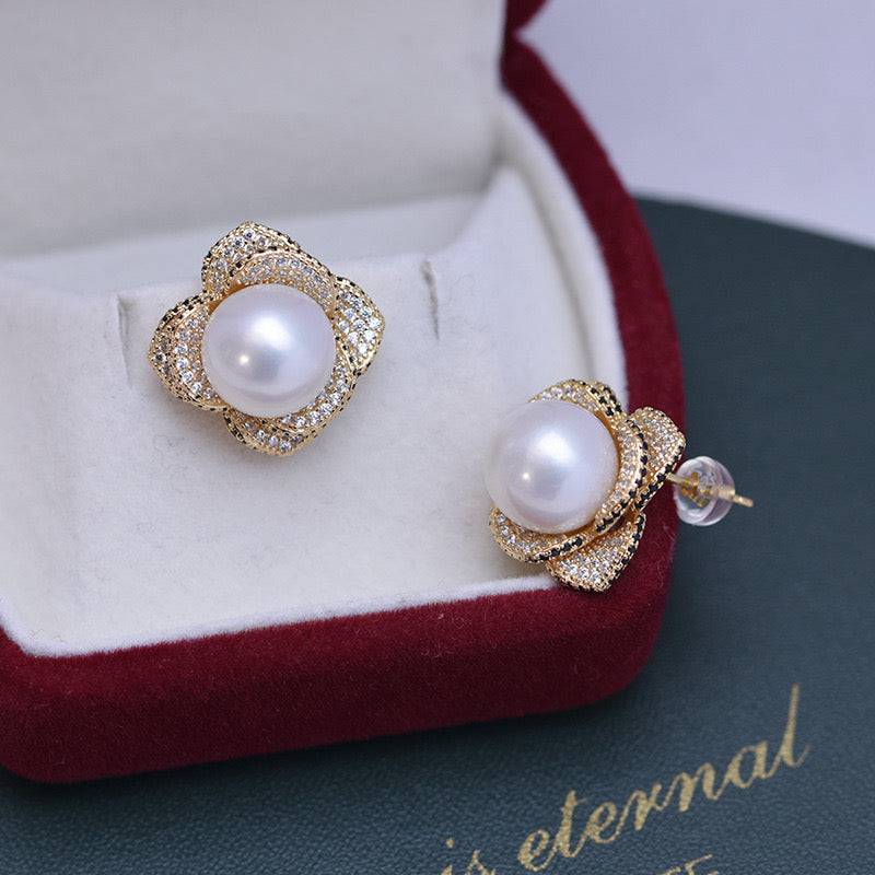 Freshwater Pearl and CZ Floral Earrings 10-11mm