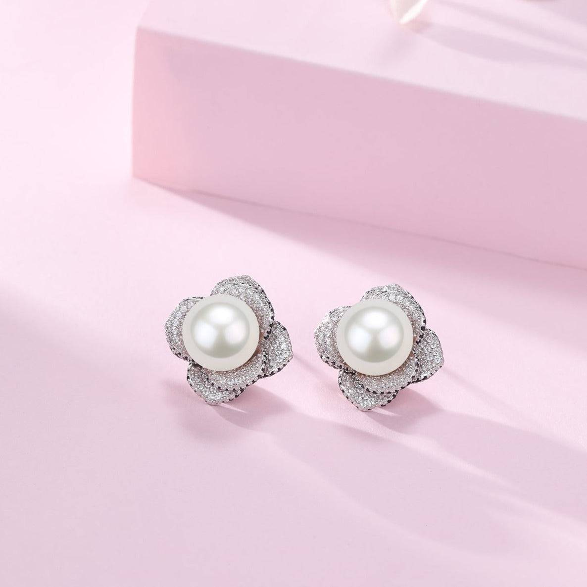 Freshwater Pearl and CZ Floral Earrings 10-11mm