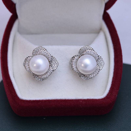 Freshwater Pearl and CZ Floral Earrings 10-11mm