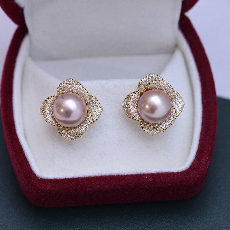 Freshwater Pearl and CZ Floral Earrings 10-11mm