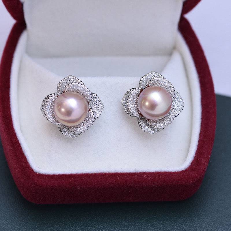 Freshwater Pearl and CZ Floral Earrings 10-11mm