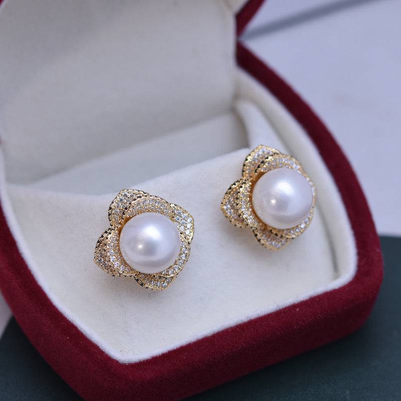 Freshwater Pearl and CZ Floral Earrings 10-11mm