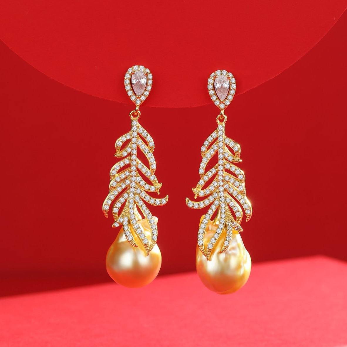 Champagne Pearl and Feather Earrings