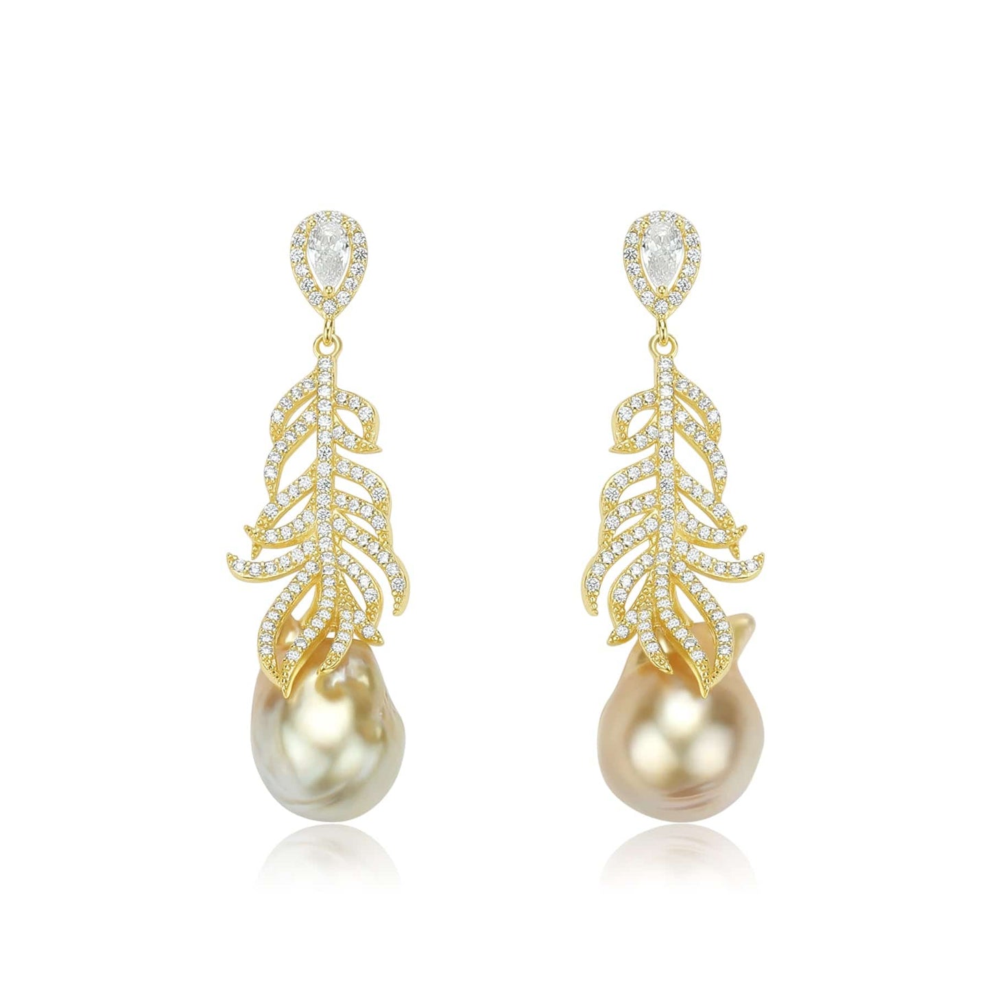 Champagne Pearl and Feather Earrings