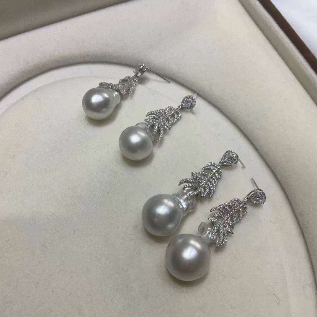 Champagne Pearl and Feather Earrings