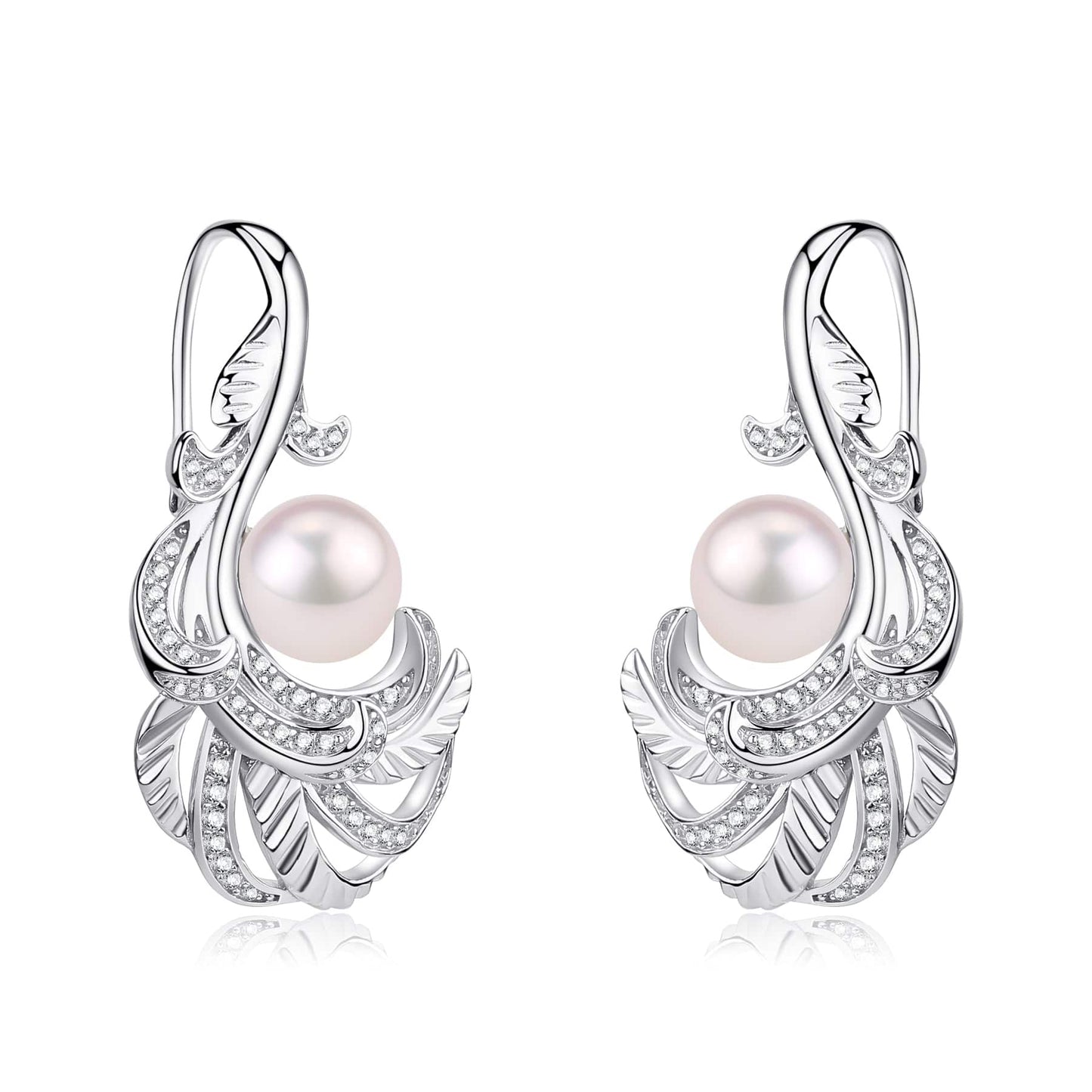 Freshwater Pearl and Feather Earrings in 7-8mm