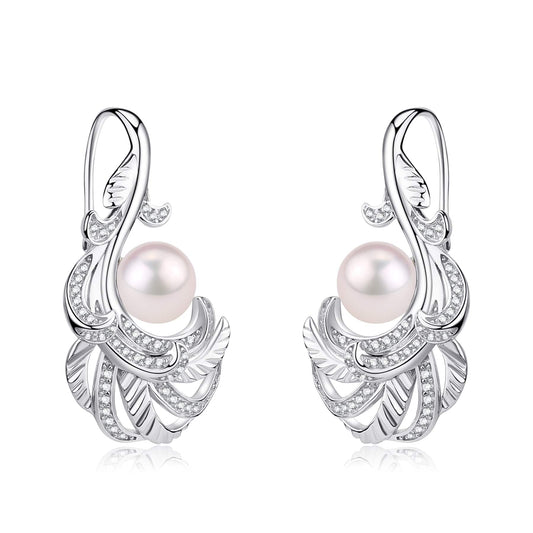 Freshwater Pearl and Feather Earrings in 7-8mm