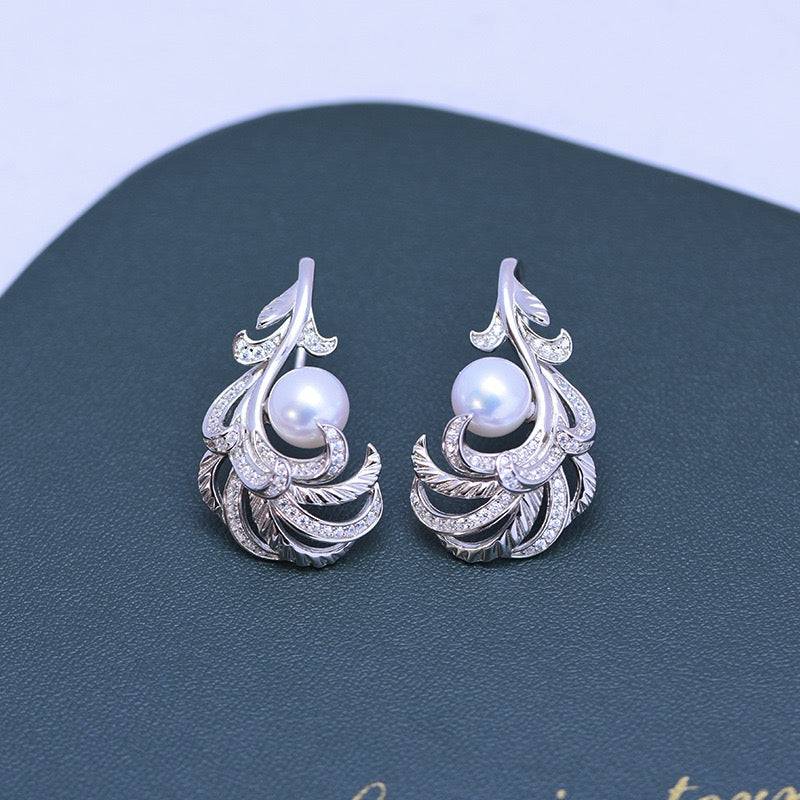 Freshwater Pearl and Feather Earrings in 7-8mm