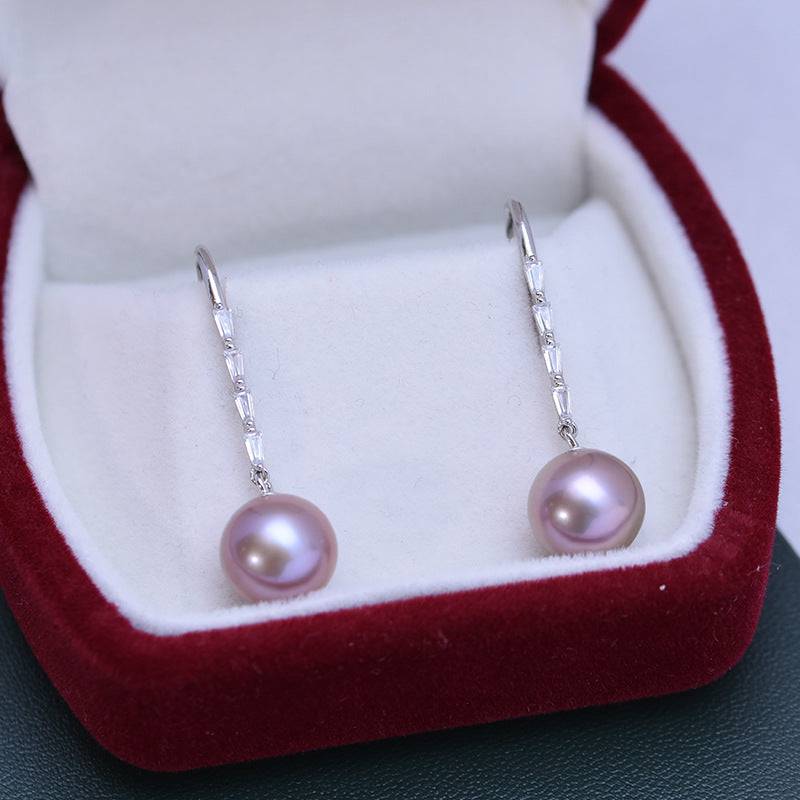 Purple Long Drop Freshwater Pearl Earrings 9-10mm