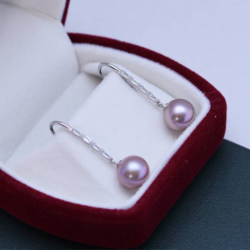 Purple Long Drop Freshwater Pearl Earrings 9-10mm