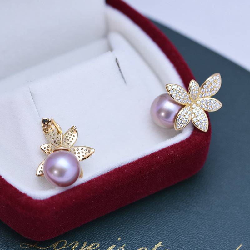 Purple Freshwater Pearl Floral Stud Earrings Set