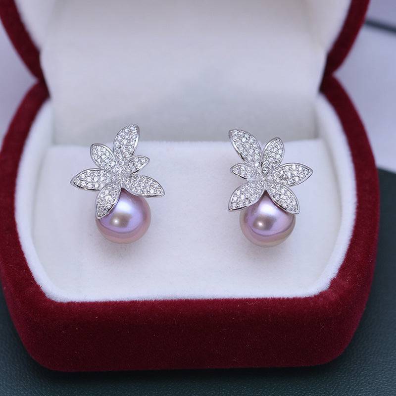 Purple Freshwater Pearl Floral Stud Earrings Set