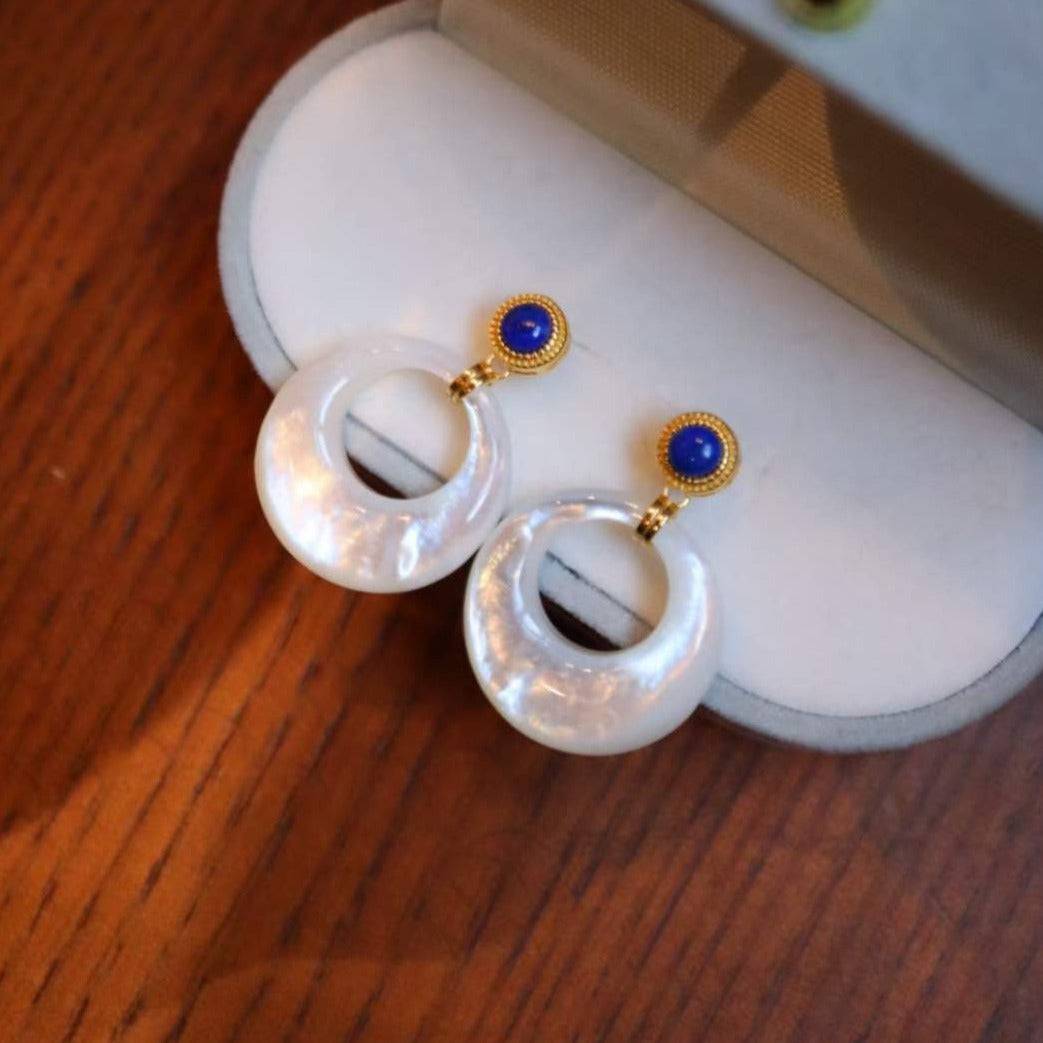 Lapis Lazuli Circle Earrings with Mother of Pearls