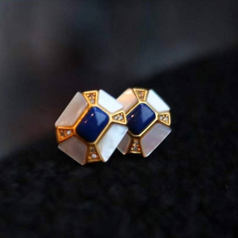 Blue Lapis Lazuli Gold Vermeil Earrings with Mother of Pearls