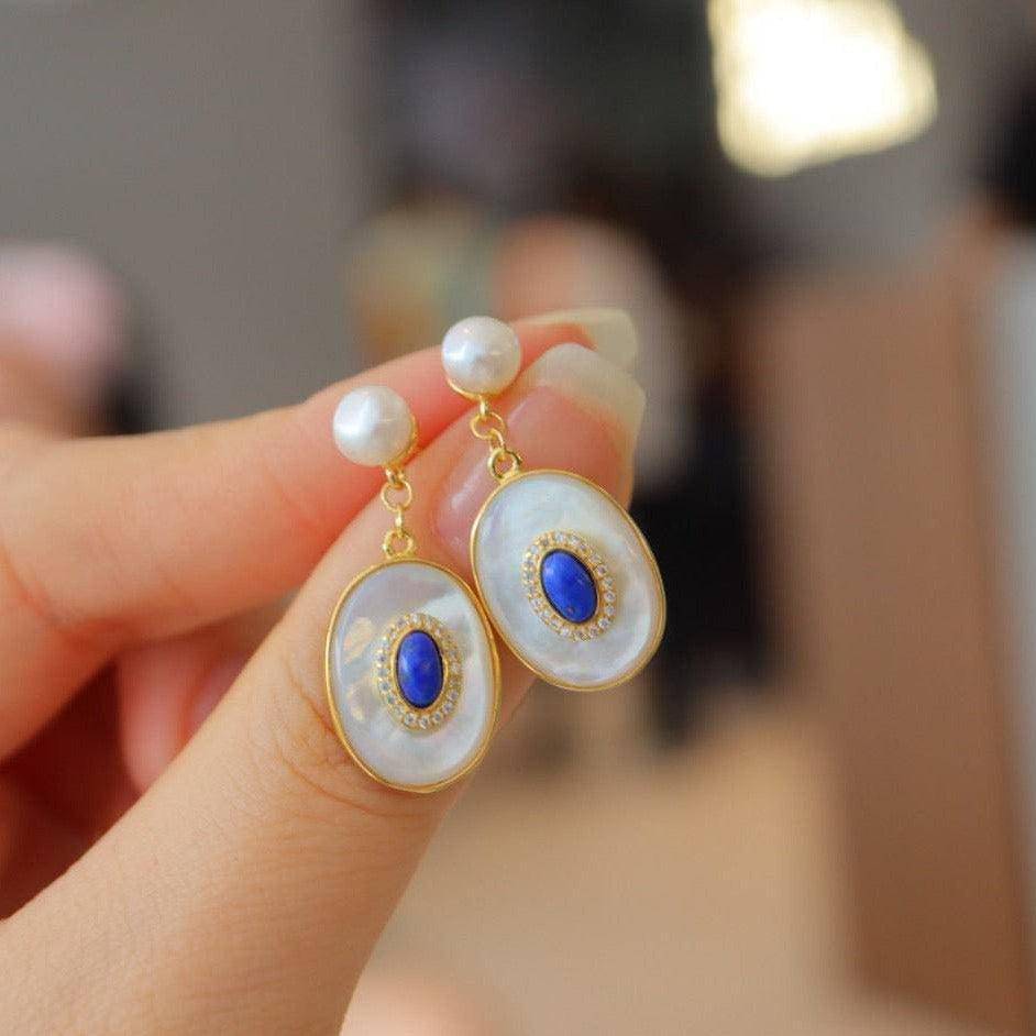 Lapis Lazuli and Mother of Pearl Earrings in Gold Vermeil