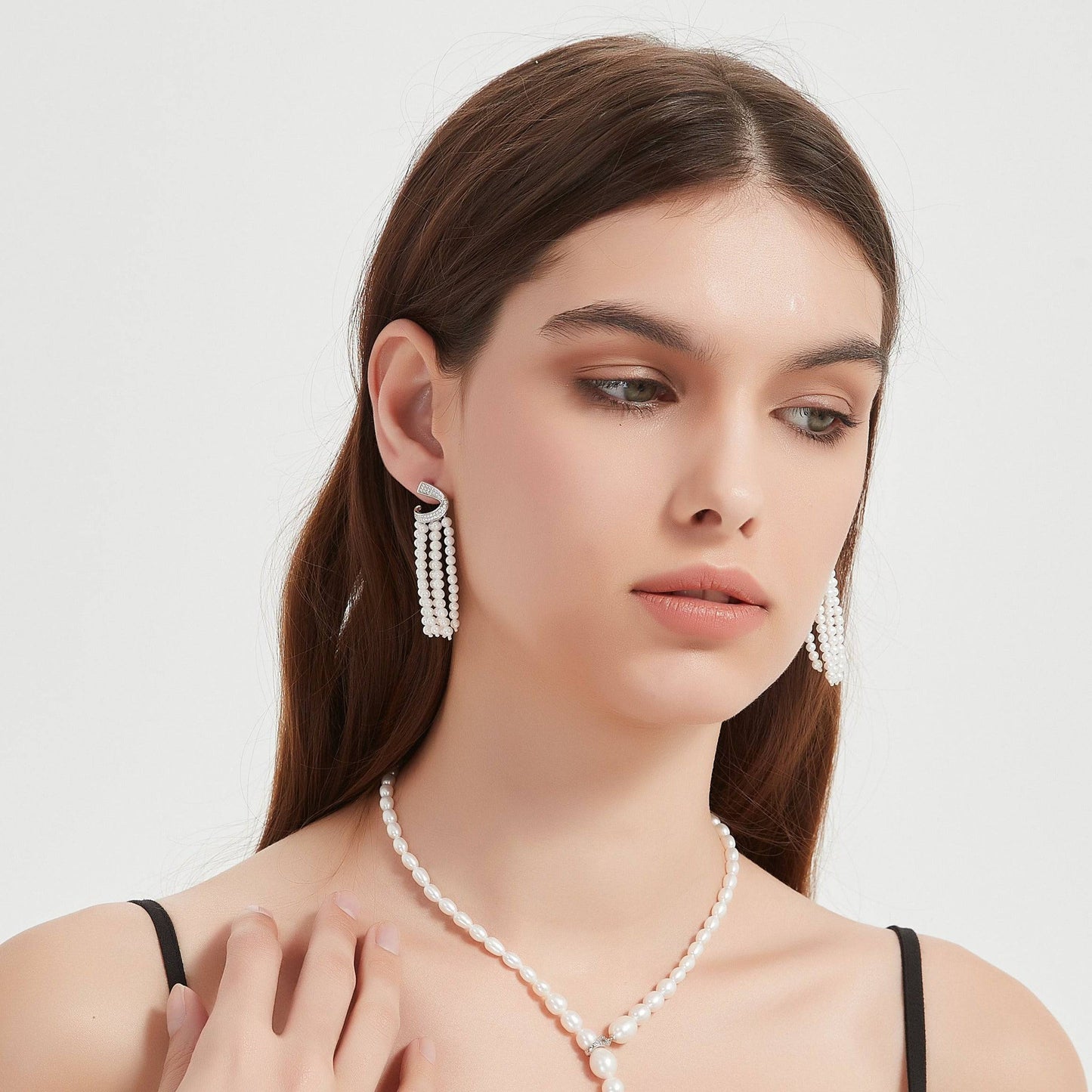 Curved Zirconia Multi-Chain Pearl Earrings