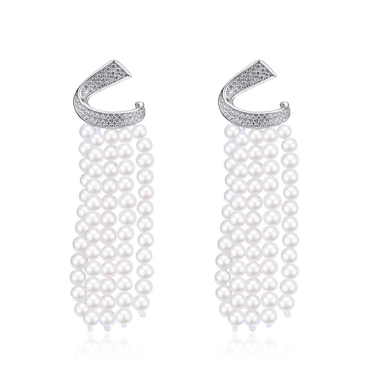 Curved Zirconia Multi-Chain Pearl Earrings