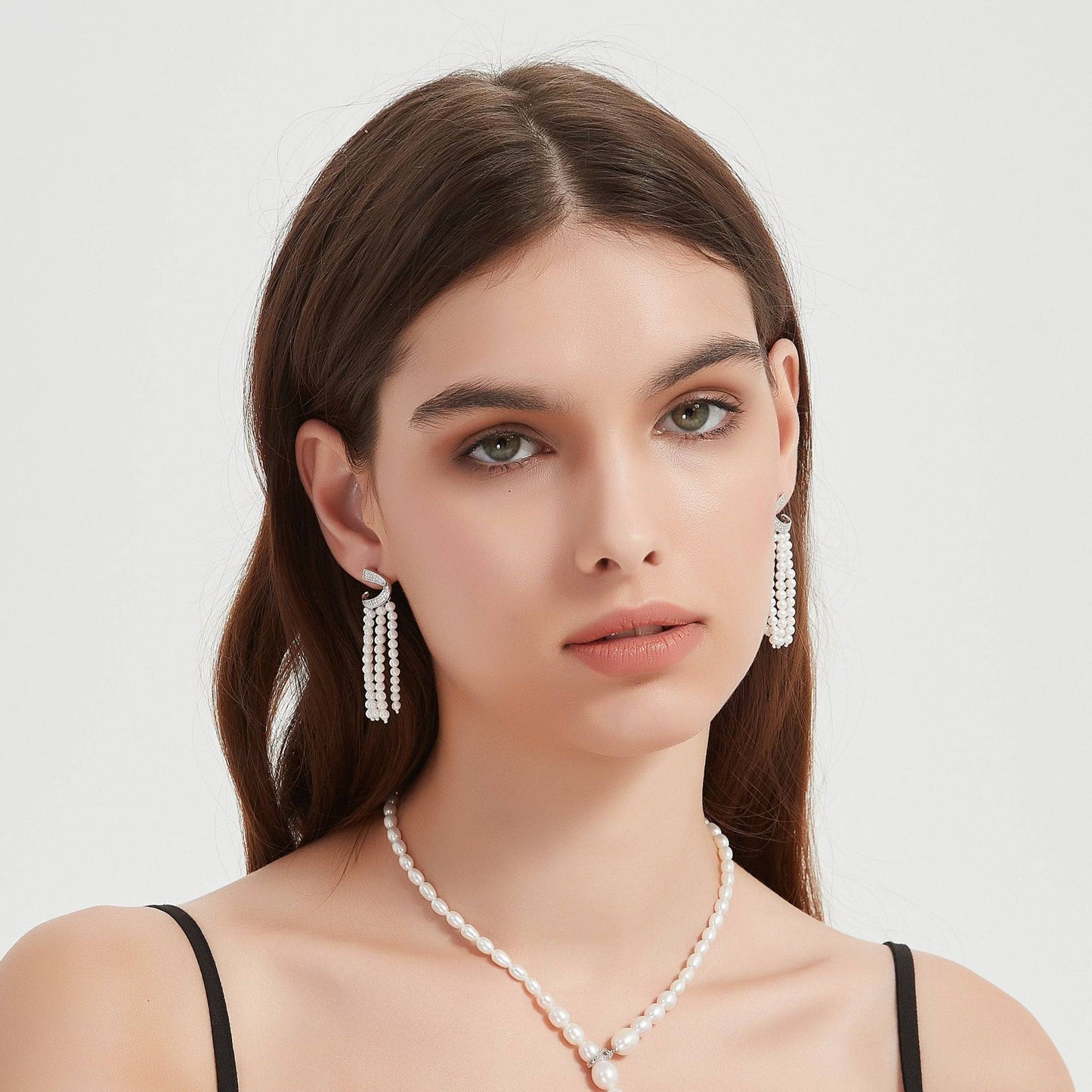 Curved Zirconia Multi-Chain Pearl Earrings