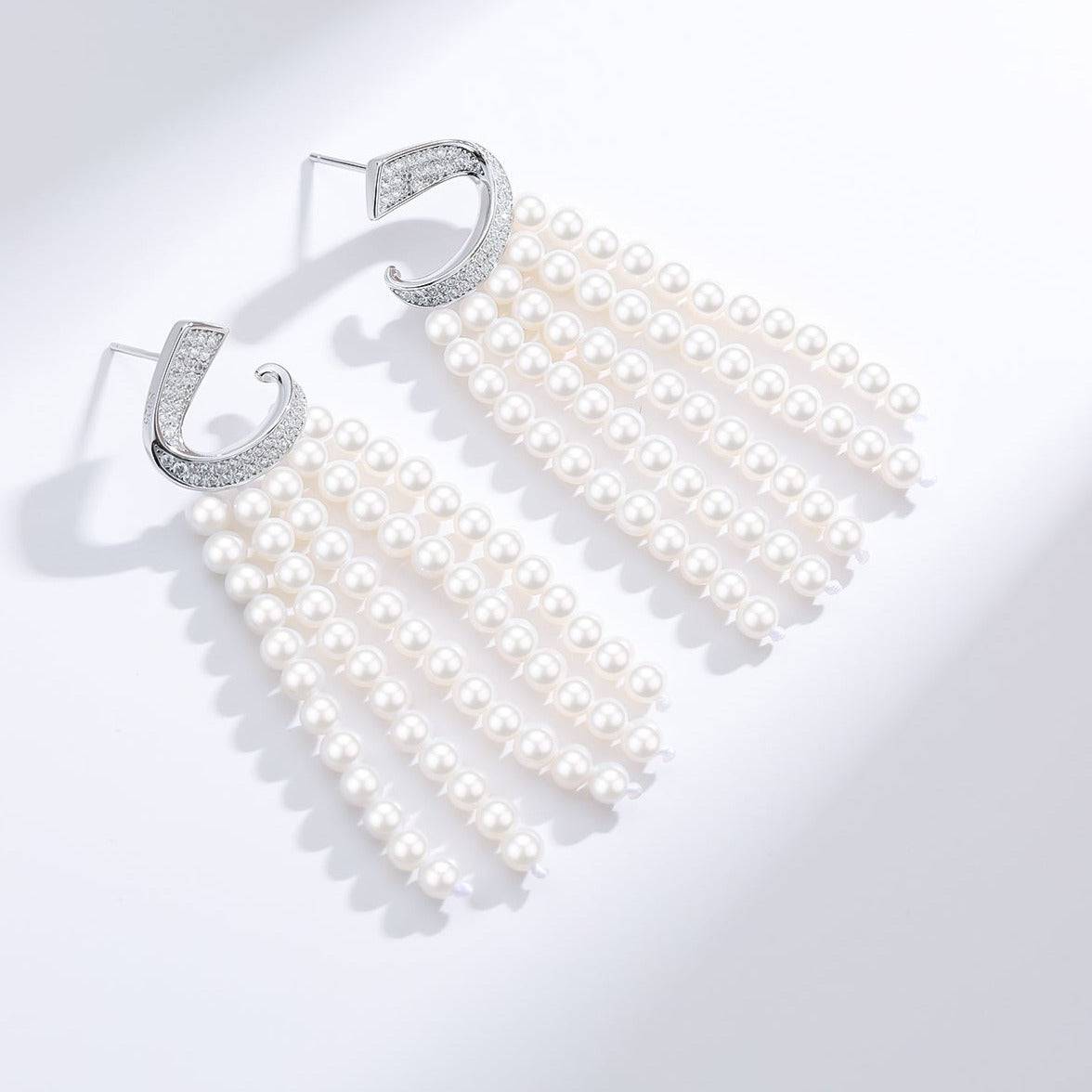 Curved Zirconia Multi-Chain Pearl Earrings