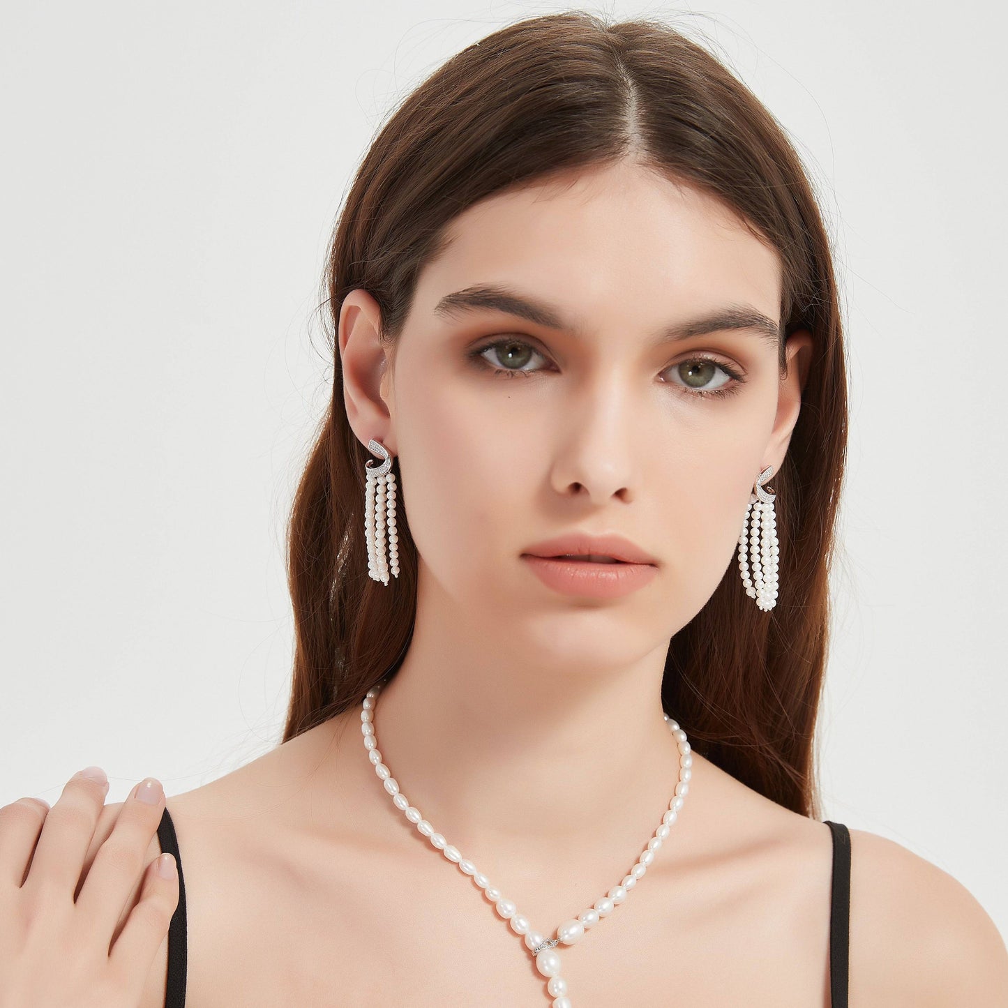 Curved Zirconia Multi-Chain Pearl Earrings