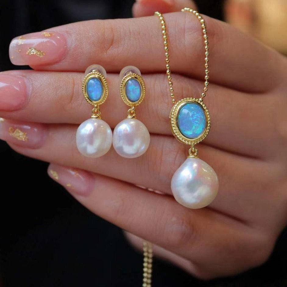 Gold Vermeil Opal Freshwater Baroque Pearls Earrings