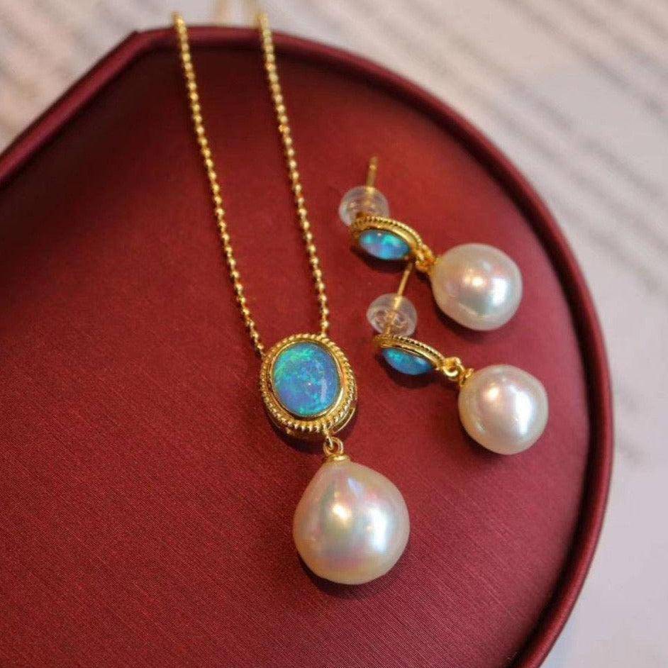 Opal and Baroque Pearls Set in Gold Vermeil