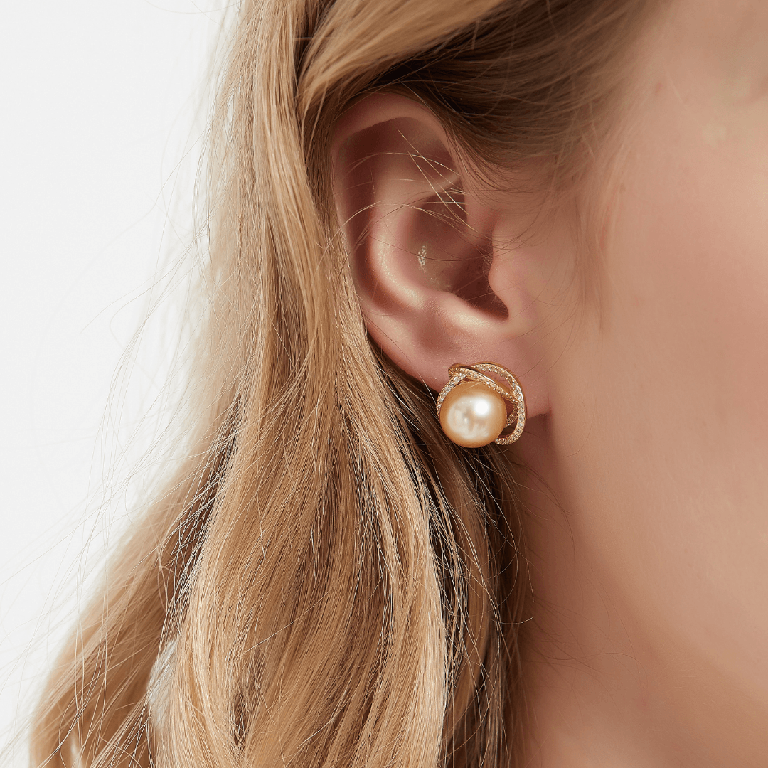 Gold South Sea Pearl and CZ Rose Earrings