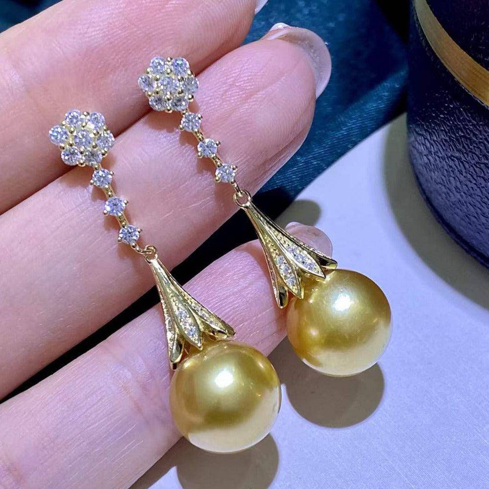 Golden South Sea Pearl and CZ Daisy Earrings