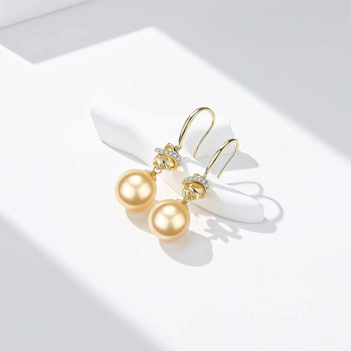 Elegant Golden South Sea Pearl and CZ Drop Earrings