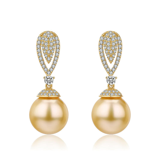 Elegant Golden South Sea Pearl and CZ Earrings