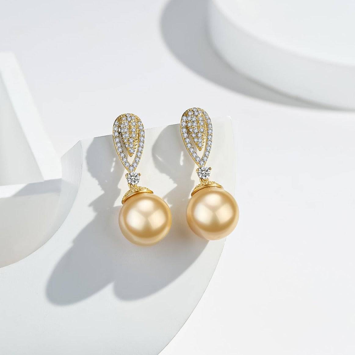 Elegant Golden South Sea Pearl and CZ Earrings