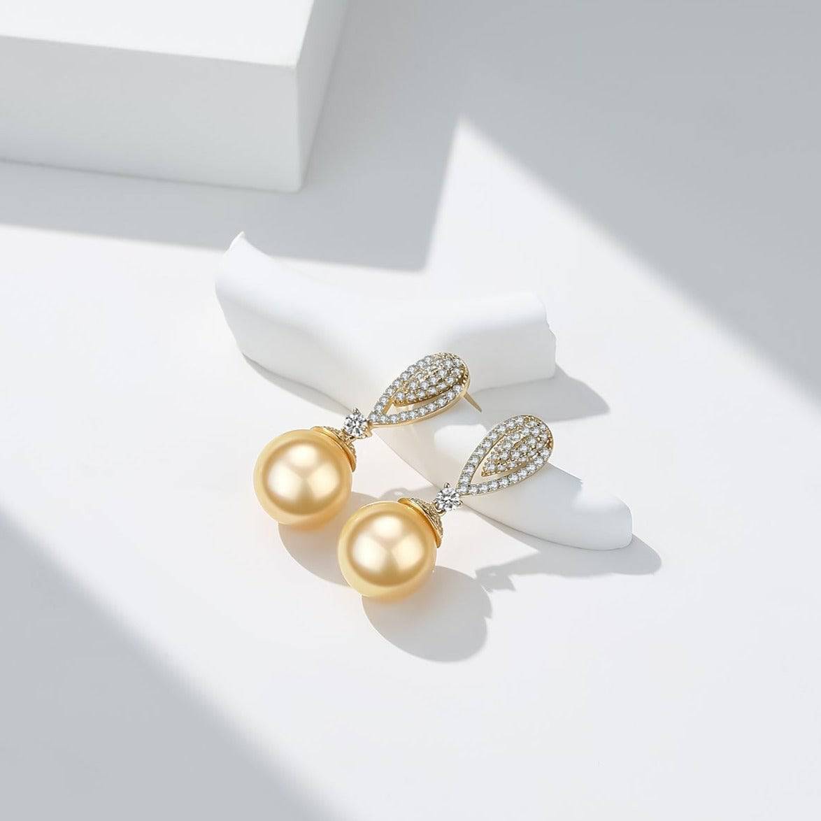 Elegant Golden South Sea Pearl and CZ Earrings