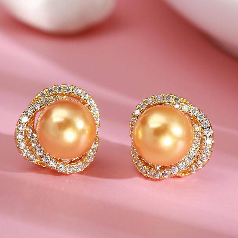 Rose Earrings with Golden South Sea Pearl and CZ