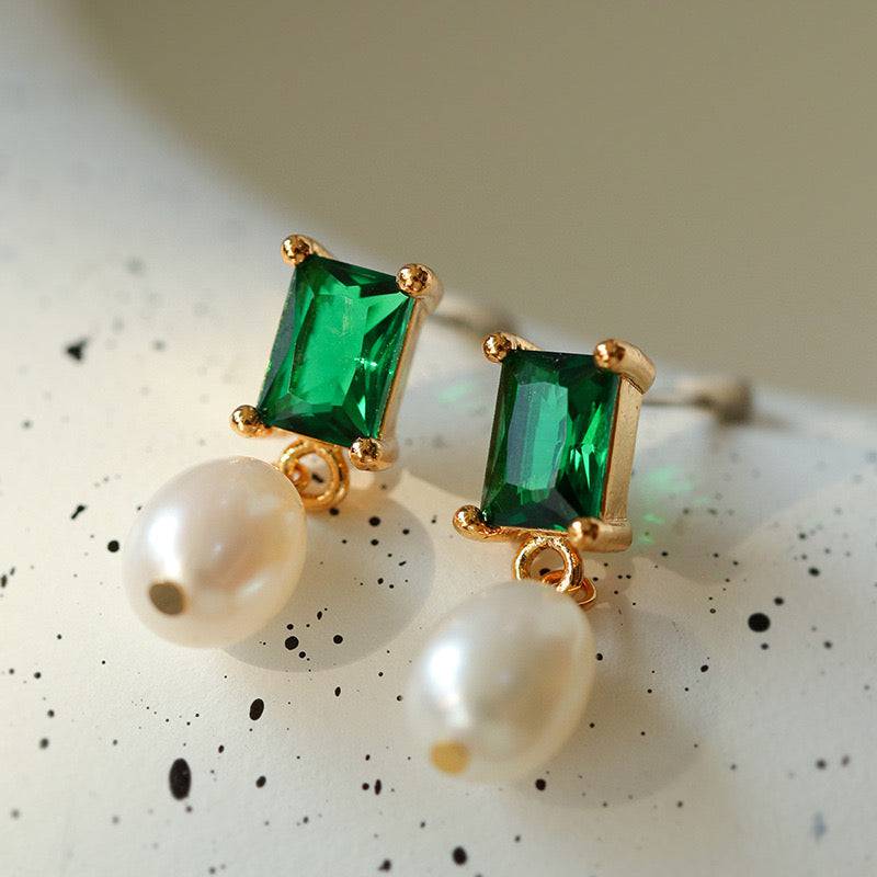 Elegant Green CZ and Pearl Drop Earrings