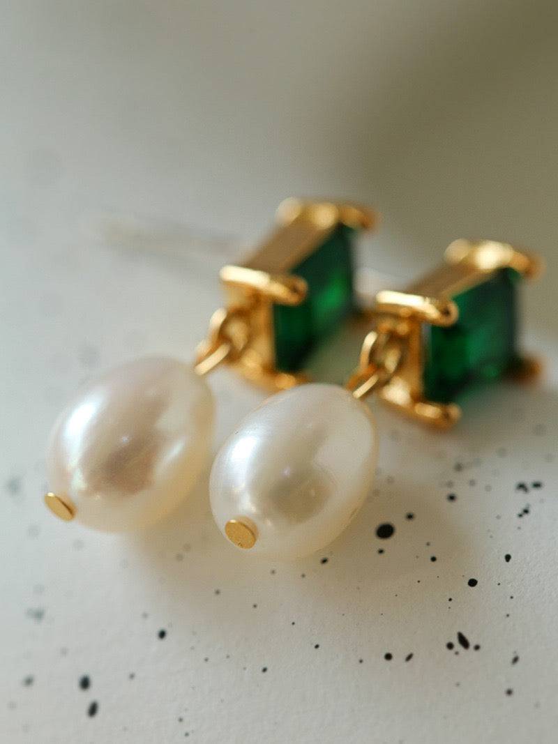 Elegant Green CZ and Pearl Drop Earrings