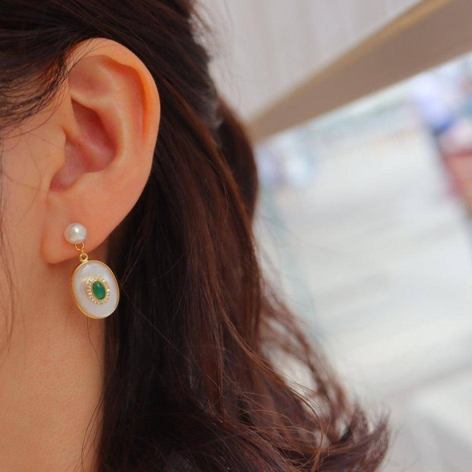 Green Onyx and Mother of Pearl Earrings in Gold Vermeil