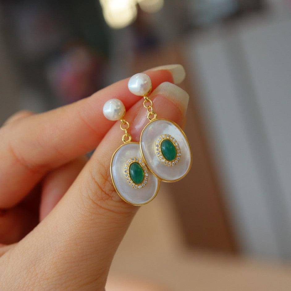 Green Onyx and Mother of Pearl Earrings in Gold Vermeil