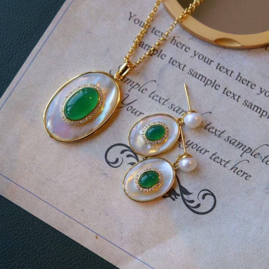 Green Onyx and Mother of Pearl Earrings in Gold Vermeil