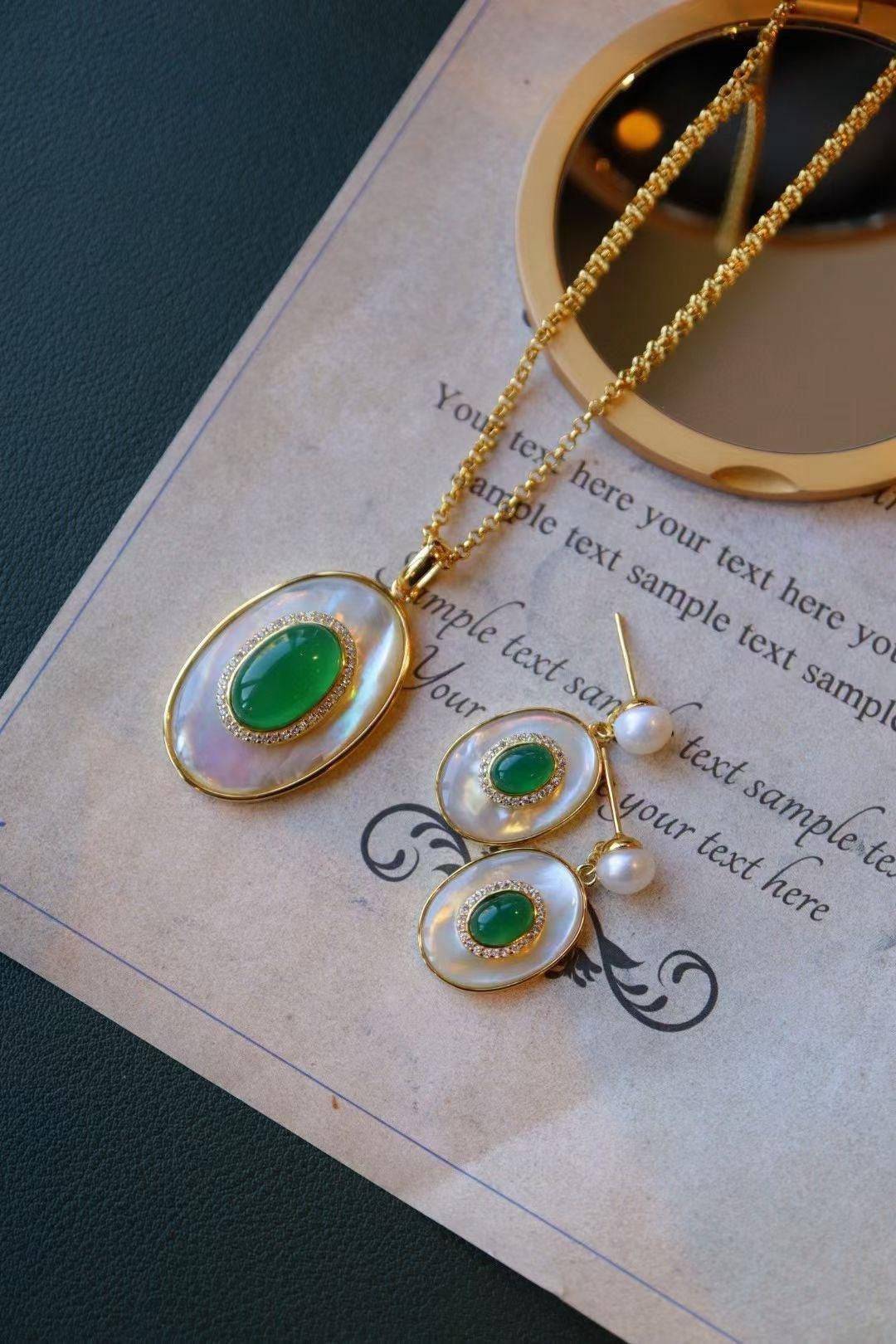 Green Onyx and Mother of Pearl Earrings in Gold Vermeil