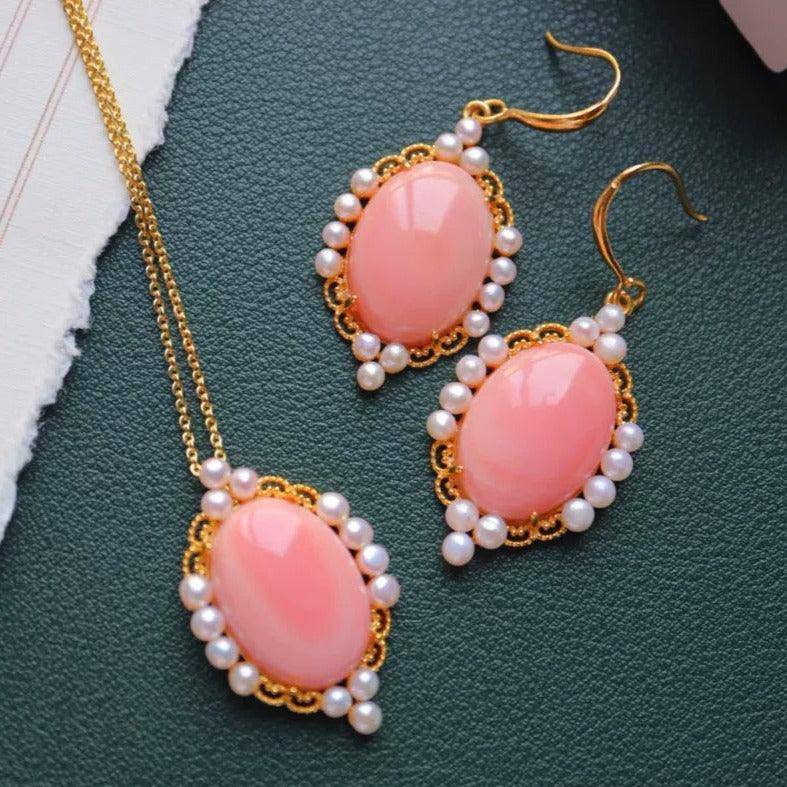 Oval Pink Queen Conch Shell Pearl Earrings in Gold Vermeil