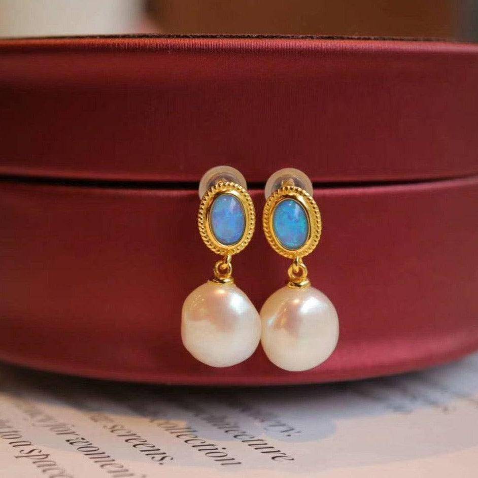 Gold Vermeil Opal Freshwater Baroque Pearls Earrings