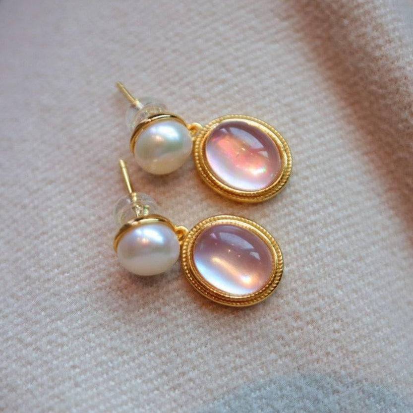 Natural Pink Crystal and Mother of Pearls Earrings