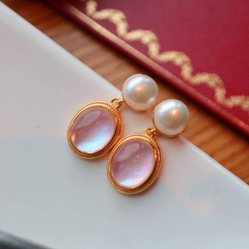 Natural Pink Crystal and Mother of Pearls Earrings