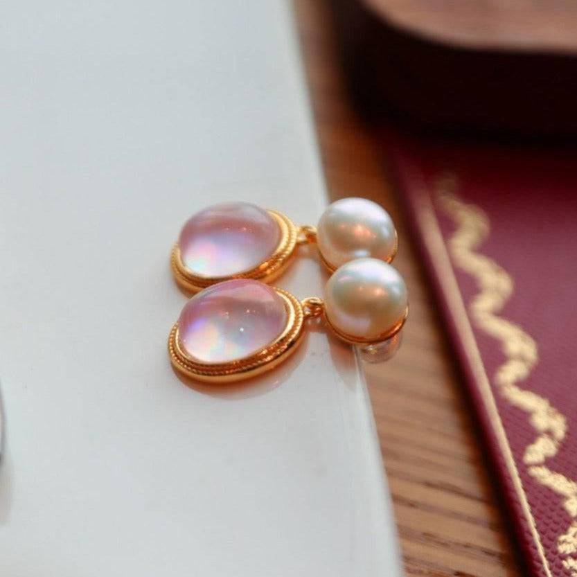 Natural Pink Crystal and Mother of Pearls Earrings