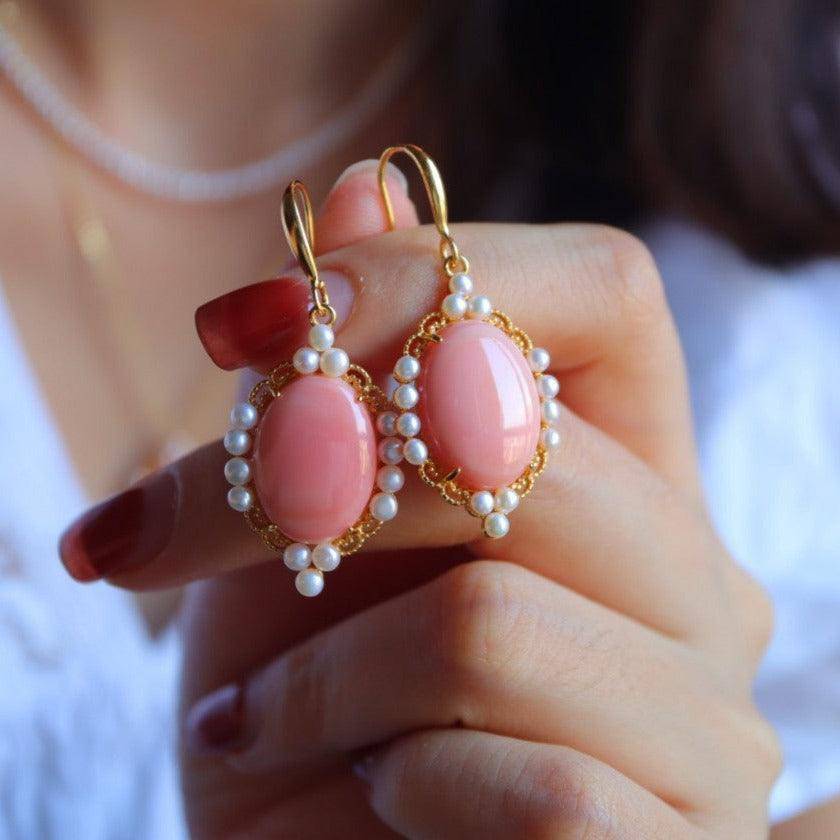 Oval Pink Queen Conch Shell Pearl Earrings in Gold Vermeil