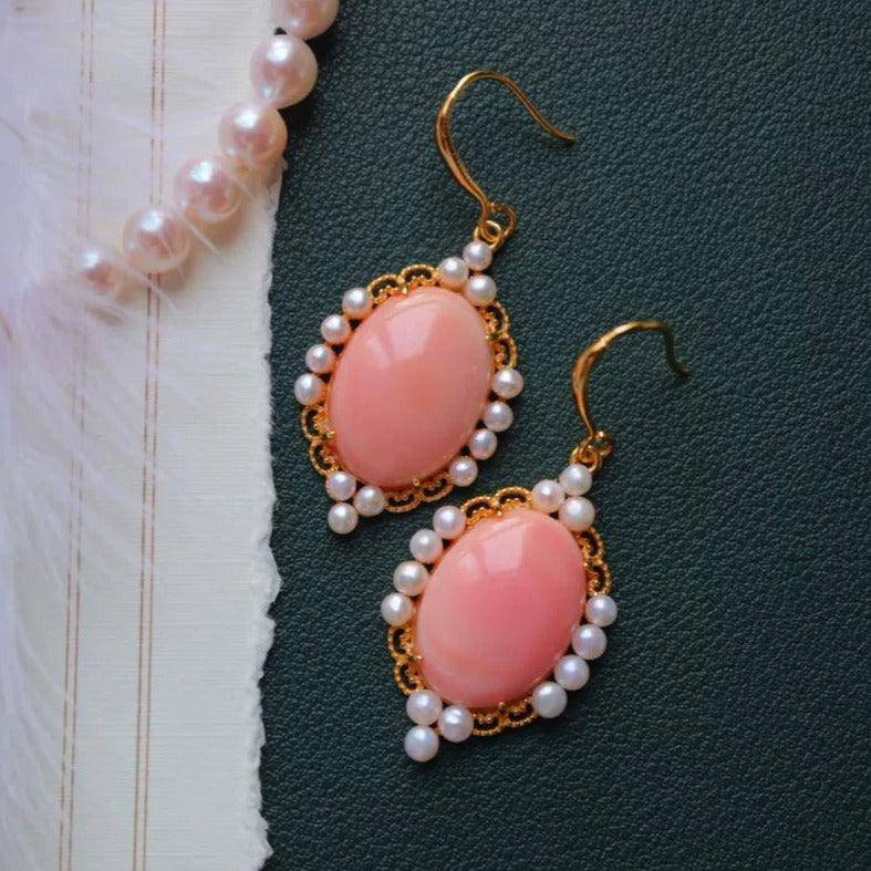 Oval Pink Queen Conch Shell Pearl Earrings in Gold Vermeil