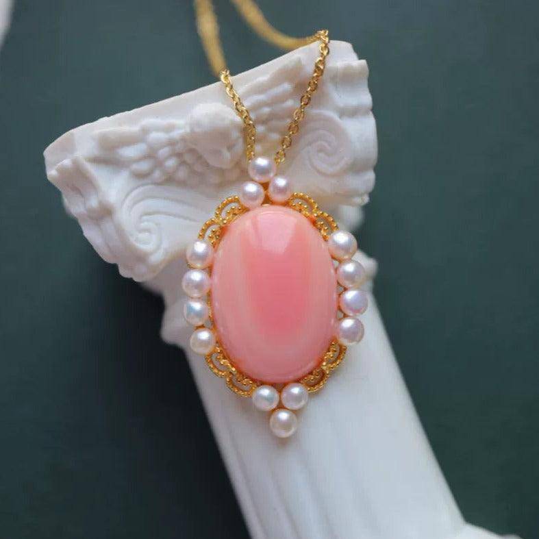 Oval Pink Queen Conch Shell Pearl Earrings in Gold Vermeil